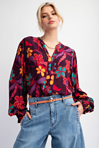 Easel Floral Print Rayon Gauze Top in Eggplant