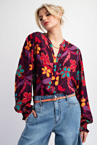 Easel Floral Print Rayon Gauze Top in Eggplant