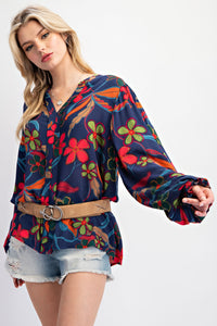 Easel Floral Print Rayon Gauze Top in Navy