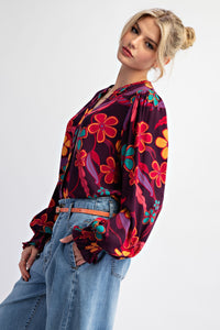 Easel Floral Print Rayon Gauze Top in Eggplant