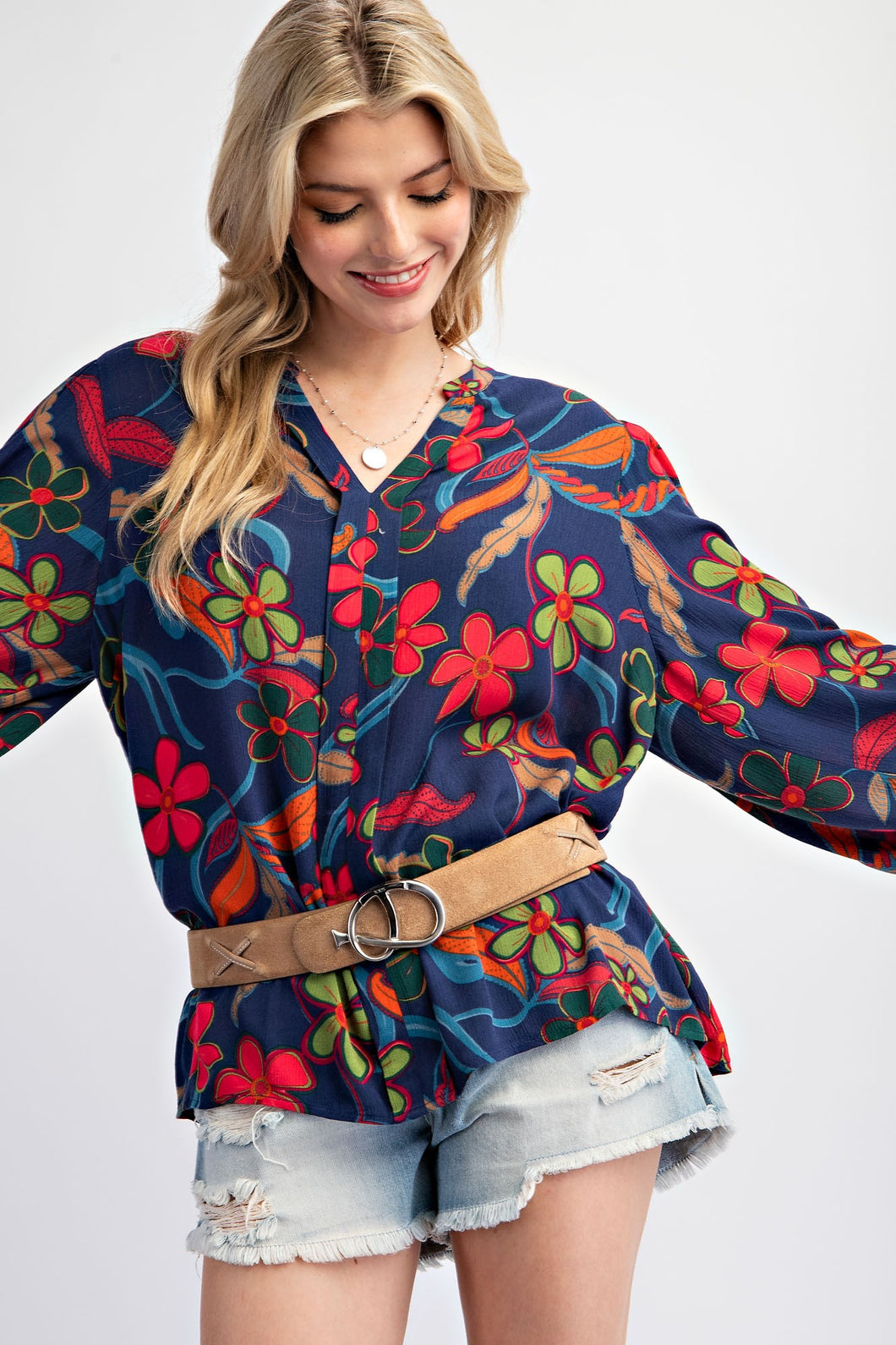 Easel Floral Print Rayon Gauze Top in Navy