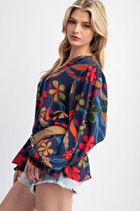 Easel Floral Print Rayon Gauze Top in Navy