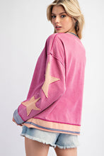 Load image into Gallery viewer, Easel Mineral Washed Top with Star Patched Sleeves in Orchid
