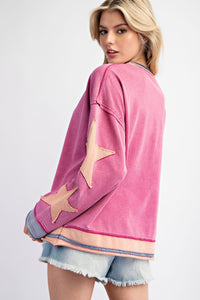 Easel Mineral Washed Top with Star Patched Sleeves in Orchid