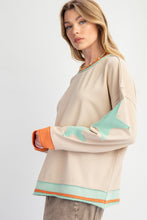 Load image into Gallery viewer, Easel Mineral Washed Top with Star Patched Sleeves in Taupe
