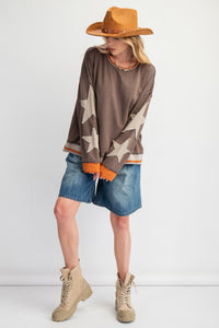 Easel Mineral Washed Top with Star Patched Sleeves in Ash