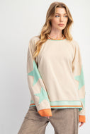 Easel Mineral Washed Top with Star Patched Sleeves in Taupe FINAL SALE