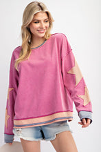 Load image into Gallery viewer, Easel Mineral Washed Top with Star Patched Sleeves in Orchid
