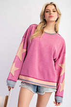 Load image into Gallery viewer, Easel Mineral Washed Top with Star Patched Sleeves in Orchid
