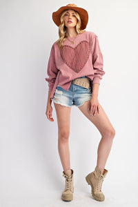 Easel Studded Heart Patch Top in Mauve