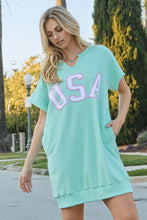 Load image into Gallery viewer, Oddi USA Applique Patch Sweatshirt Mini Dress in Mint Green
