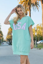 Load image into Gallery viewer, Oddi USA Applique Patch Sweatshirt Mini Dress in Mint Green
