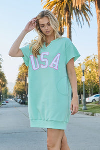 Oddi USA Applique Patch Sweatshirt Mini Dress in Mint Green