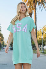 Load image into Gallery viewer, Oddi USA Applique Patch Sweatshirt Mini Dress in Mint Green
