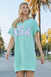 Oddi USA Applique Patch Sweatshirt Mini Dress in Mint Green