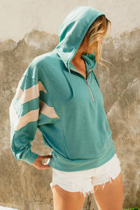 BiBi Brushed Terry Knit Half Zip Hooded Top in Jade