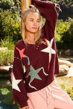 Load image into Gallery viewer, POL OVERSIZED Knit Sweater with Fringe Star Pattern in Red Bean
