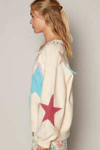 POL OVERSIZED Knit Sweater with Fringe Star Pattern in Pale Beige