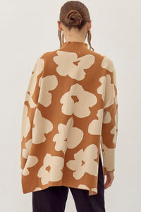 Jodifl Two Toned Large Flower Print Knit Sweater in Toffee/Ivory ON ORDER