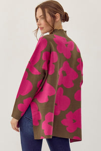 Jodifl Two Toned Large Flower Print Knit Sweater in Olive/Fuchsia