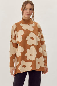 Jodifl Two Toned Large Flower Print Knit Sweater in Toffee/Ivory ON ORDER