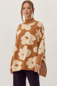 Jodifl Two Toned Large Flower Print Knit Sweater in Toffee/Ivory ON ORDER