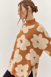 Jodifl Two Toned Large Flower Print Knit Sweater in Toffee/Ivory ON ORDER