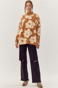 Jodifl Two Toned Large Flower Print Knit Sweater in Toffee/Ivory ON ORDER