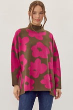 Load image into Gallery viewer, Jodifl Two Toned Large Flower Print Knit Sweater in Olive/Fuchsia
