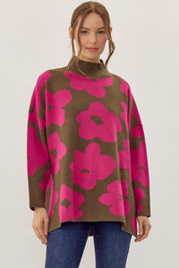 Jodifl Two Toned Large Flower Print Knit Sweater in Olive/Fuchsia