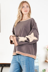 BlueVelvet Oversized Star Patched Top in Brown Combo