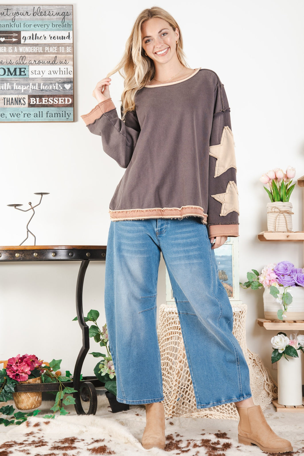 BlueVelvet Oversized Star Patched Top in Brown Combo