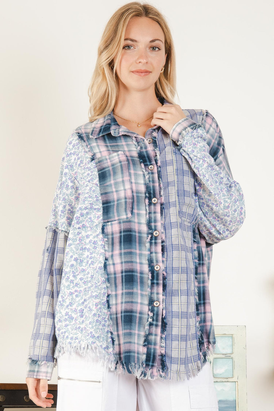 BlueVelvet Multi Print Button Down Top in Pink-Blue