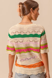 So Me Open Knit Multi Color Striped Sweater Top in Oatmeal Combo