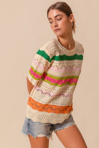So Me Open Knit Multi Color Striped Sweater Top in Oatmeal Combo