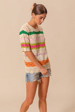 Load image into Gallery viewer, So Me Open Knit Multi Color Striped Sweater Top in Oatmeal Combo
