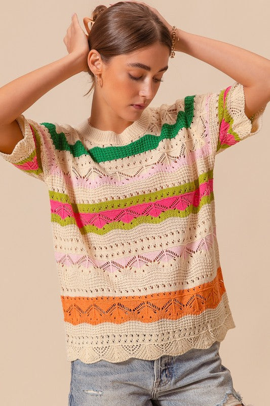 So Me Open Knit Multi Color Striped Sweater Top in Oatmeal Combo