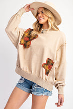 Load image into Gallery viewer, Easel Terry Knit Top with Plaid Flower Patches in Light Mocha
