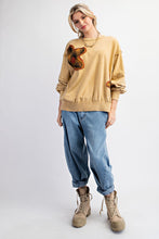 Load image into Gallery viewer, Easel Terry Knit Top with Plaid Flower Patches in Camel
