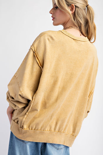 Easel Terry Knit Top with Plaid Flower Patches in Camel