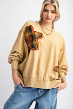 Load image into Gallery viewer, Easel Terry Knit Top with Plaid Flower Patches in Camel
