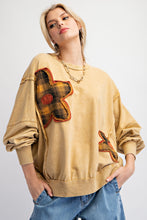 Load image into Gallery viewer, Easel Terry Knit Top with Plaid Flower Patches in Camel
