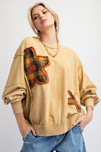 Easel Terry Knit Top with Plaid Flower Patches in Camel