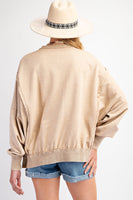 Easel Terry Knit Top with Plaid Flower Patches in Light Mocha