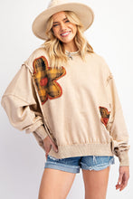 Load image into Gallery viewer, Easel Terry Knit Top with Plaid Flower Patches in Light Mocha
