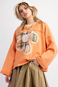 Easel Terry Knit Top with Front Flower Patch in Persimmon