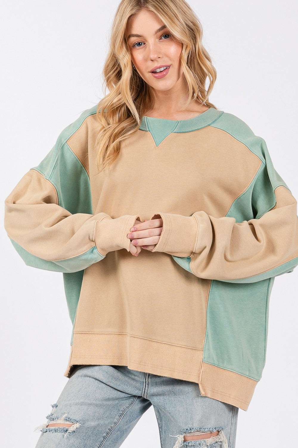 Sage+Fig Color Block Pullover Sweater in Cookie/Green