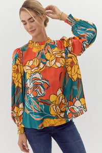 Jodifl Flower Print Bubble Sleeve Top in Rust