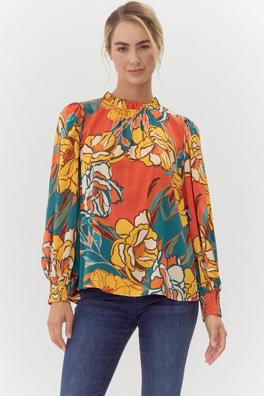 Jodifl Flower Print Bubble Sleeve Top in Rust