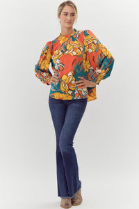 Jodifl Flower Print Bubble Sleeve Top in Rust